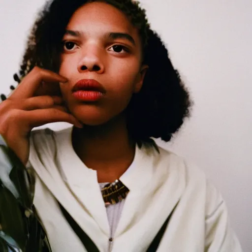 Prompt: realistic photoshooting for a new ssense lookbook, color film photography, close up, portrait of a beautiful woman, photo in style of tyler mitchell, y 2 k, 3 5 mm,