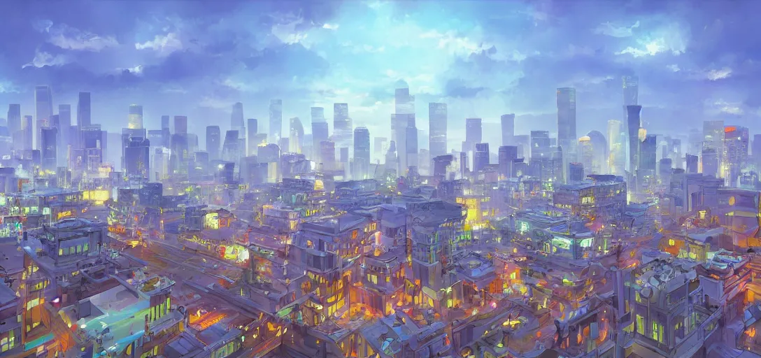 Prompt: visual development los angeles skyline cityscape, by dice tsutsumi, pixar disney dreamworks sony animation, photoshop, the art of books