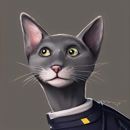 Image similar to Portrait painting an anthropomorphic gray cat smiling wearing a jacket and a collar, as an Overwatch character, medium shot, asymmetrical, profile picture, Organic Painting, sunny day, Matte Painting, bold shapes, hard edges, street art, trending on artstation, by Huang Guangjian and Gil Elvgren and Sachin Teng