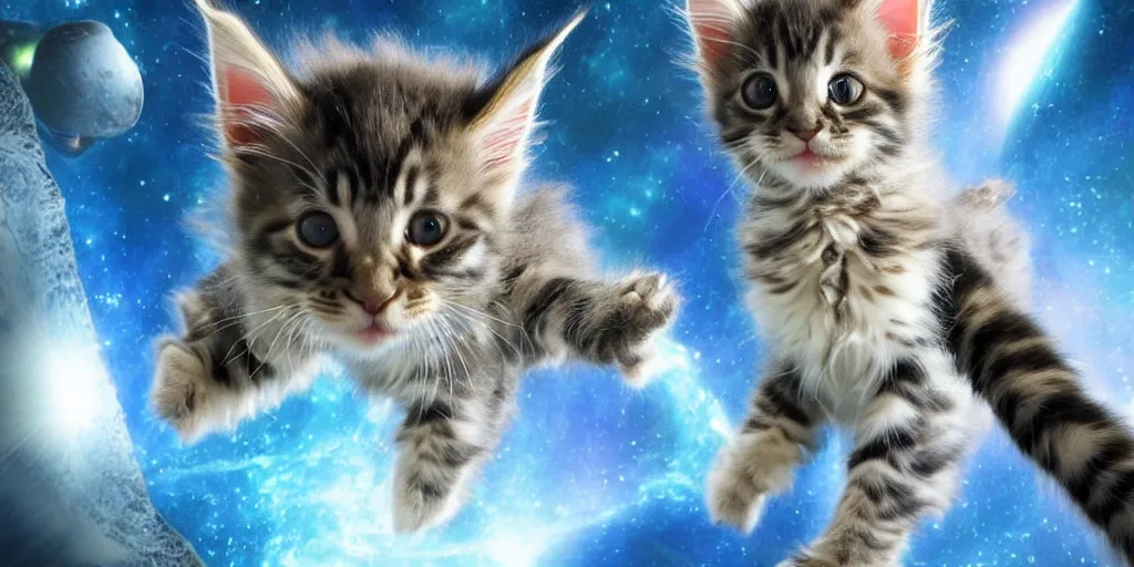 Image similar to a 3 d rendered movie still maine coon kitten descendant 1 million in the future. kitten wears a spacesuit, and explores cosmos in a space ship with a cat tree. science fiction blockbuster movie kittens rule the world or what's on tv? kittens!, lightyear ( film, 2 0 2 2 ) computer - animated science fiction action - adventure.