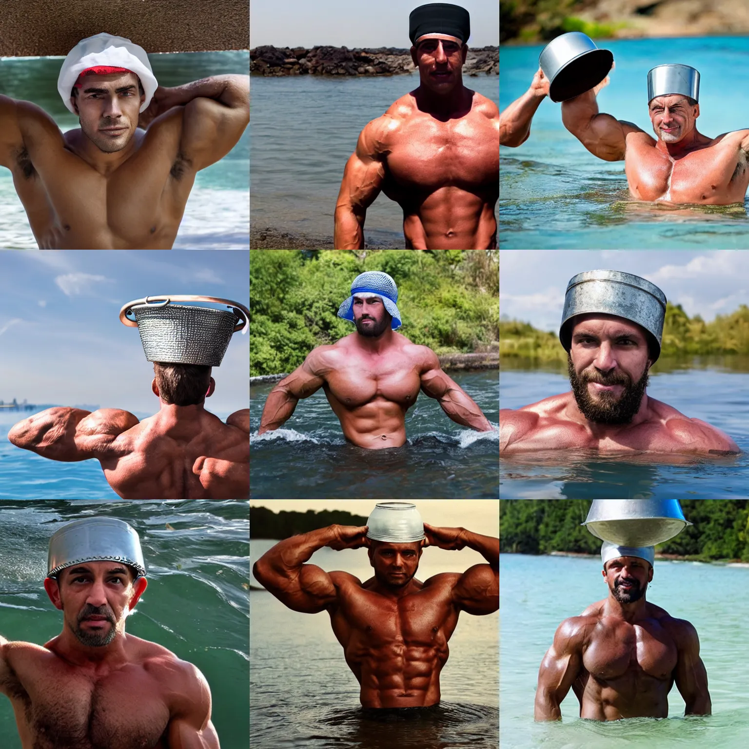 Prompt: Extremely buff man wearing a steel bucket on his head which completely covers it, emerging from the water