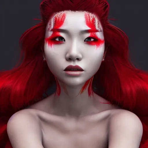 Image similar to Japanese model with maximalist hair style and makeup, fashion model, unreal engine octane, red and white, portrait, gliter, depth of field, 8k, hyper detailed, intricate, trending on artstation