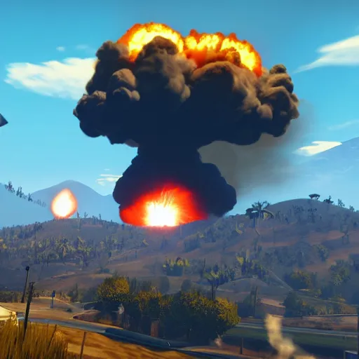 Image similar to nuclear explosion, huge mushroom cloud, grand theft auto 5 screenshot