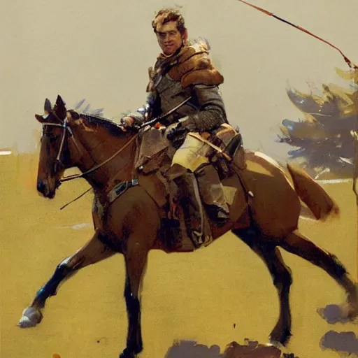 Prompt: portrait of rider wearing gambeson aiming bow, galloping detailed by greg manchess, craig mullins, bernie fuchs, walter everett, low angle