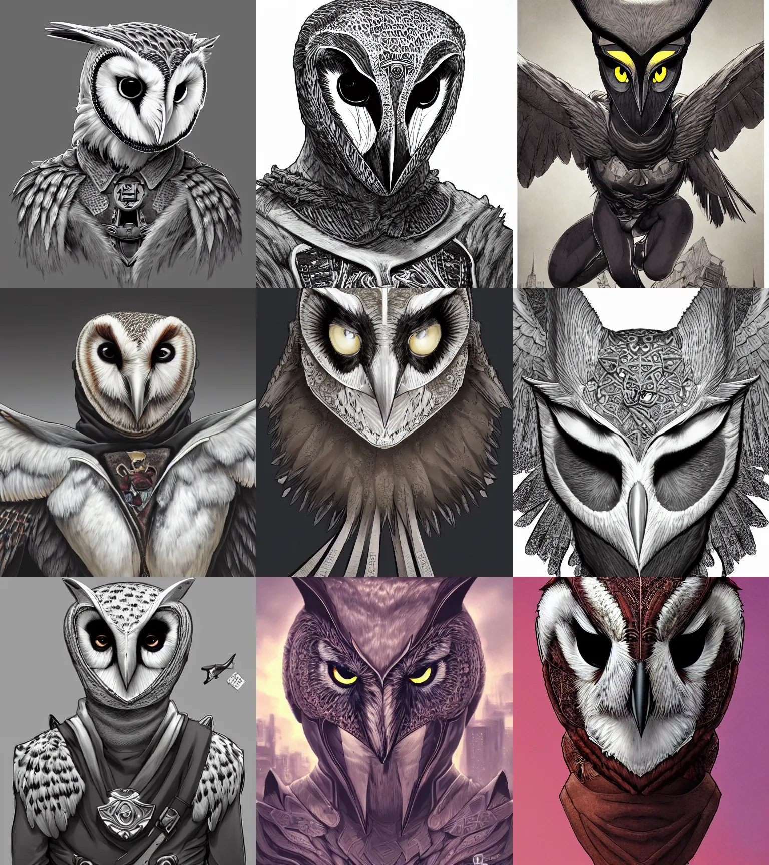 Prompt: portrait a new mas as hero barn owl based, dc style, barn owl symbol in chest, barn owl mask, hand wraps, by yusuke murata and masakazu katsura, artstation, highly - detailed, cgsociety, pencil and ink, city in the background, dark colors, intricate details