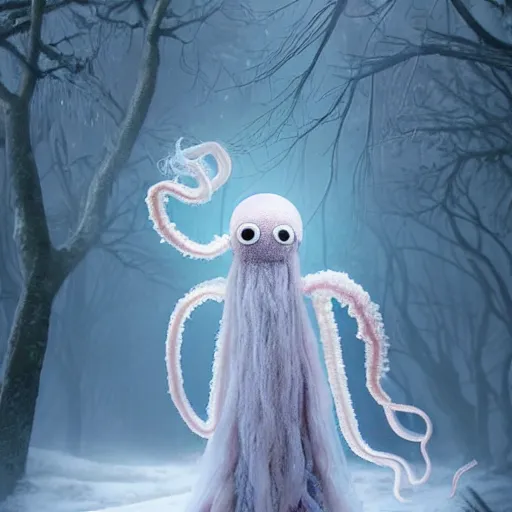 Prompt: a cute but unnerving fluffy humanoid ethereal ghost like live action muppet wraith like alien figure with a squid like parasite taking over its head and four long tentacles for arms that flow gracefully at its sides like a cloak while it floats around the frozen woods searching for lost souls and that hides amongst the shadows in the trees, this character can control the ice and snow and has mastery of the shadows, it is known as the bringer of nightmares, it is a real muppet by sesame street, photo realistic, real, realistic, felt, stopmotion, photography, sesame street