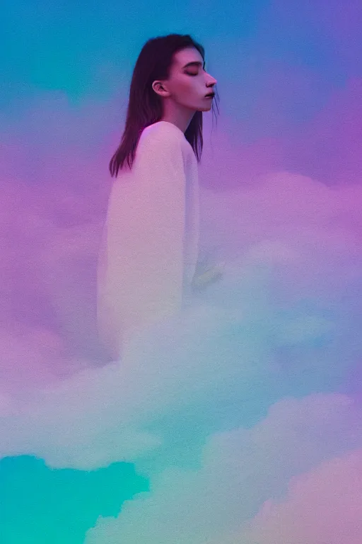 Image similar to high quality pastel coloured film photograph of a model wearing black clothing resting on cloud furniture clouds in a haze filled dreamstate world. three point light, rainbow. photographic production. art directed. pastel colours. volumetric clouds. pastel gradient overlay. waves glitch artefacts. 8 k. filmic.