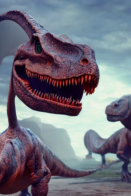 Image similar to dinosaur dance party with pizza, dramatic lighting, cinematic, establishing shot, extremely high detail, foto realistic, cinematic lighting, post processed, concept art, high details, cinematic, 8k resolution, beautiful detailed, photorealistic, digital painting, artstation, concept art, smooth, sharp focus, artstation trending, octane render, unreal engine