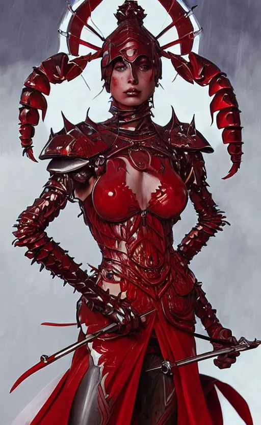 Prompt: Gothic crustacean warrior queen in red and white chitin armor, fantasy, highly detailed, digital painting, artstation, concept art, smooth, sharp focus, illustration, art by artgerm and greg rutkowski and alphonse mucha