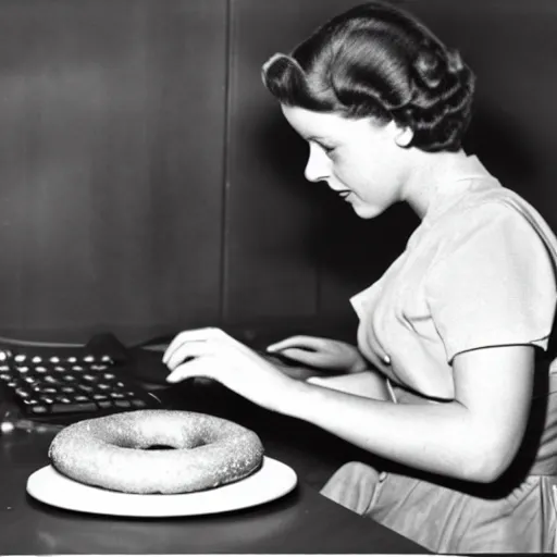 Image similar to an early 1950s photo of someone sitting at a computer making a donut in blender3d