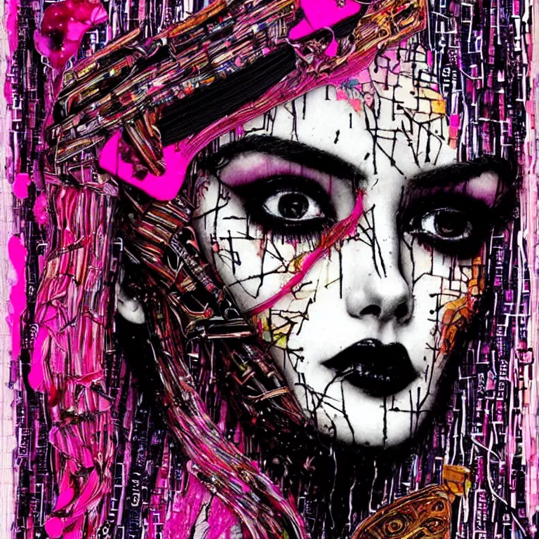 Image similar to a beautiful face gothic girl, pink hair in a stunning black dress playing a piano by el anatsui and carne griffiths
