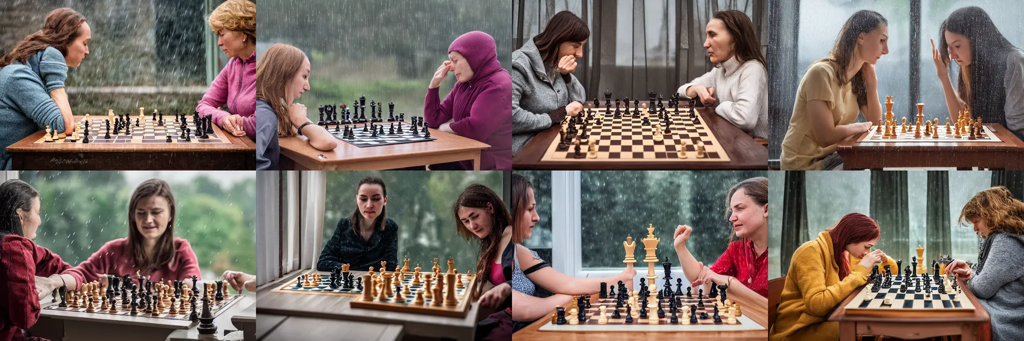 Prompt: highly professionally detailed close-up of two women playing chess in ukraine. its raining outside and thundering window is visible. intricate portrait. 8k. wide shot. photography