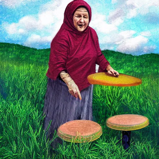 Image similar to a babushka playing drums in a field full of herbs, digital art