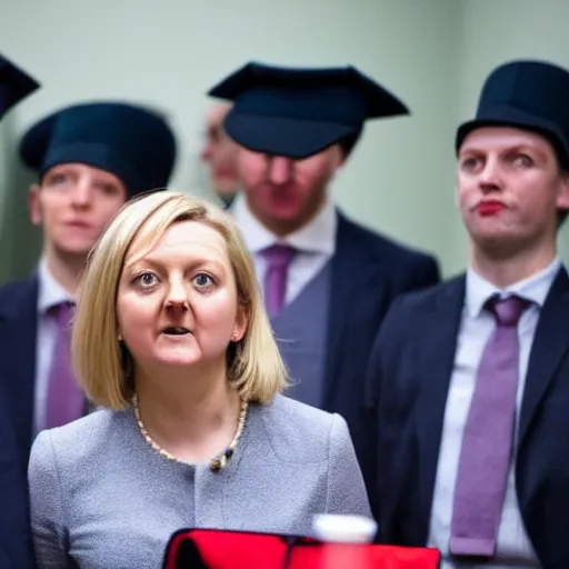 Prompt: conservative mp liz truss is a small, sad child, at the back of the class, wearing a dunces cap, 28mm wide angle