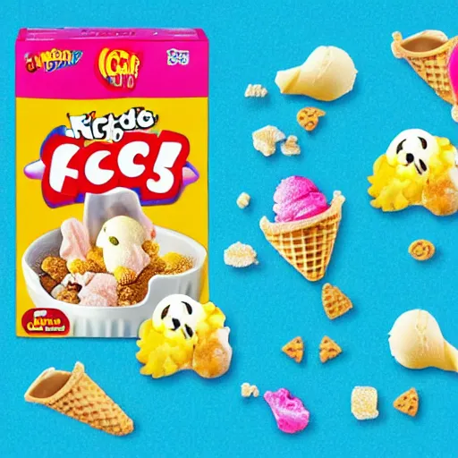 Image similar to the front of a kids cereal box for 'ice cream' cereal, featuring a levitating ice cream cone filled with pieces of cereal that resemble little ice cream cones