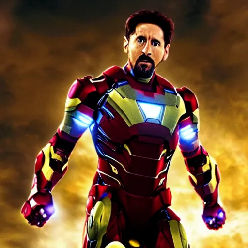 Image similar to Lionel Messi as Ironman in The Avengers, Marvel, Film Still, 35mm dramatic lighting, cinematic, deep focus, styleframe,