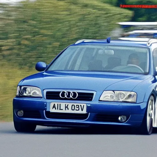 Image similar to denim blue audi a 4 b 6 avant ( 2 0 0 2 ) mowing down a crowd