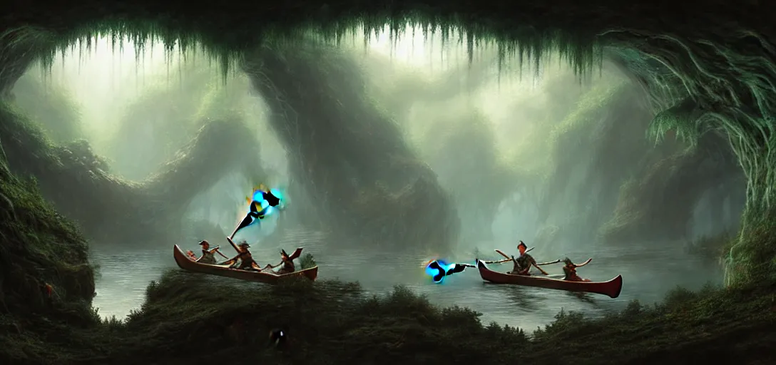 Prompt: video game concept art matte painting of elves canoeing through the glow worm caves in the style of stefan kostic, realistic, sharp focus, 8 k high definition, insanely detailed, intricate, mysterious, art by stanley lau and artgerm and luis royo