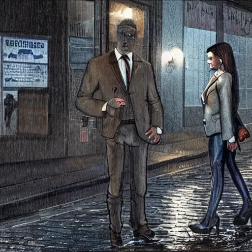 Prompt: a hyperrrealistic night time image of two vampires looking at a drained victim at a dirty and wet street corner, one of the vampires is the district attorney of new york city, wearing a creasy striped suit and the other one is a russian immigrant bar owner in new york city wearing a leather jacket