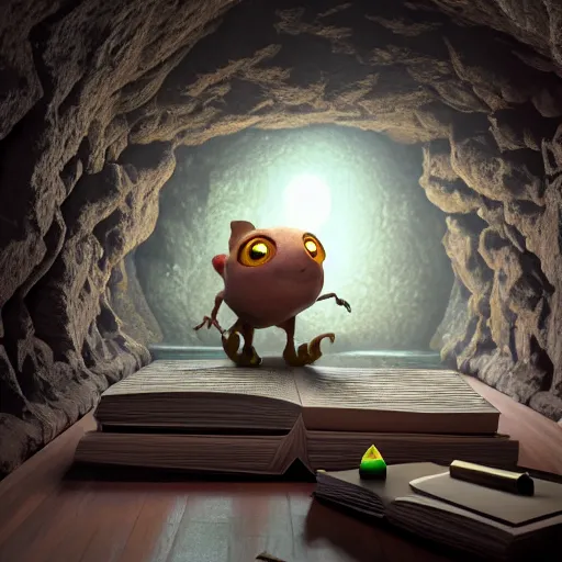 Image similar to books cave, 3 d render, incredible details, highly detailed, photorealistic, disney pixar, smooth, octane render, iridescent, 8 k