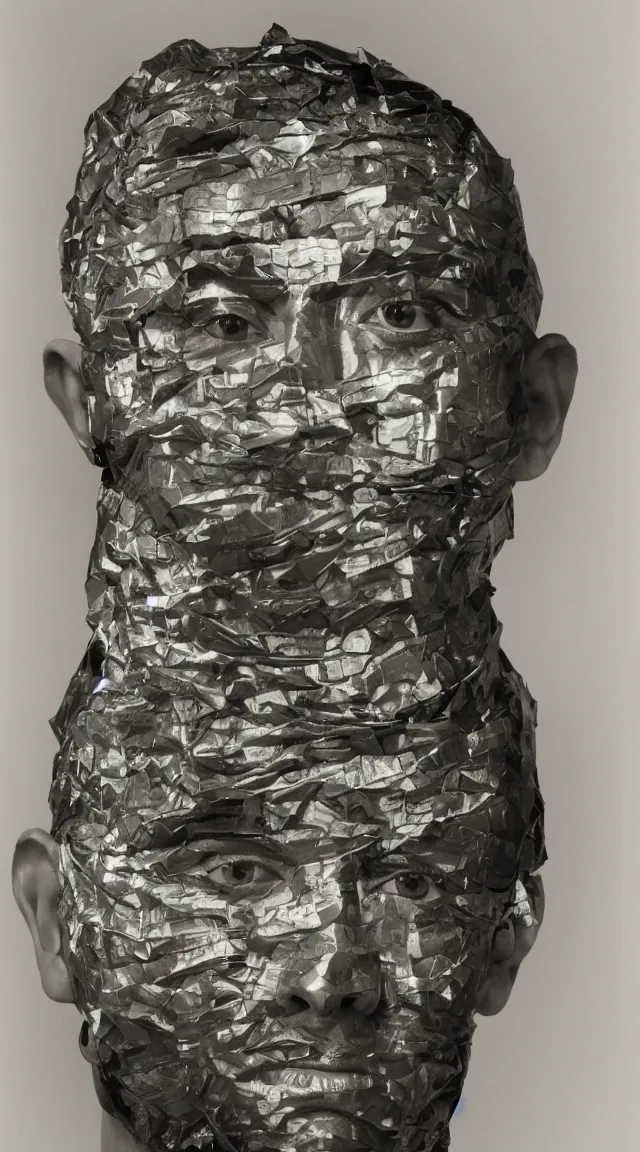 Image similar to a studio portrait of a head completely wrapped in duct tape.