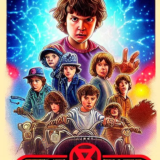 Image similar to Stranger Things by Drew Struzan, artstation, 80's American sci-fi poster The Goonies (1985) style, detaild faces, 8K