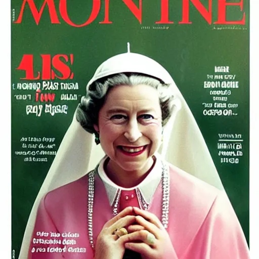 Prompt: magazine cover photo of Elizabeth II as the new pope, portrait photo by Slim Aarons in TIMES magazine cover photo, color