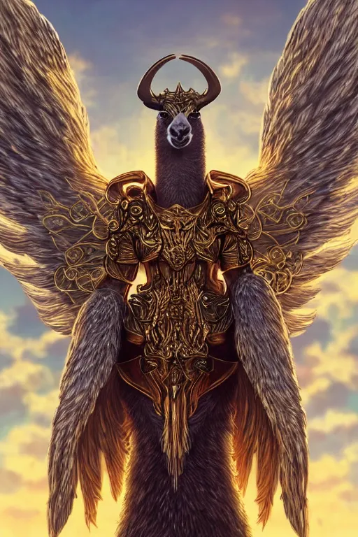 Prompt: A beautiful fierce llama angel with wings, wearing metal battle armor and a flaming sword, among heavenly sunlit clouds, close-up, intricate anthro llama portrait, elegant, digital painting, golden hour photo, cinematic, trending on artstation, anthro concept art, smooth, sharp focus, llama, illustration, art by artgerm and Greg Rutkowski and Alphonse Mucha, daily deviation, llama