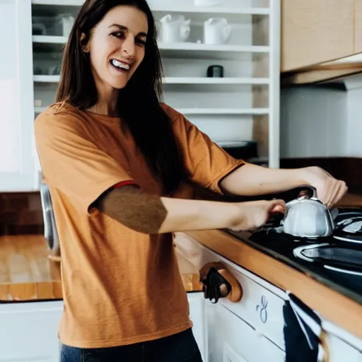 Image similar to a candid photo of a brunette female, young, athletic, australian, wearing a gold tshirt in a kitchen