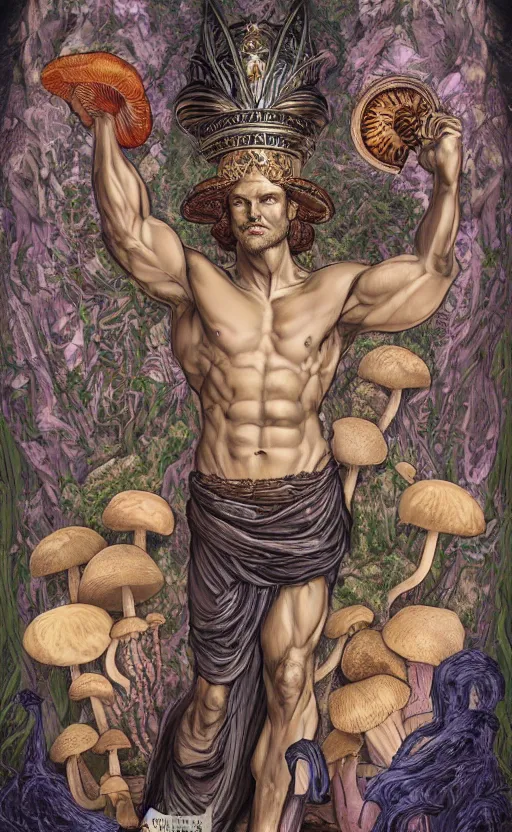 Image similar to a masterpiece hyperdetailed dnd tarot card, magnificent mushroom deity as depicted in a colossal greek marble statue ( with godlike bodybuilder physique ), hd tarot card depicting monumental statue of a dignified mushroom god with cute large mushroom hat, hdr, 8 k, artstationhq, digital art