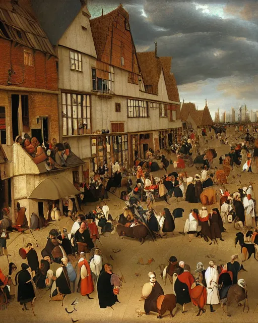 Prompt: a crowded marketplace by pieter breugel the elder - w 8 0 0