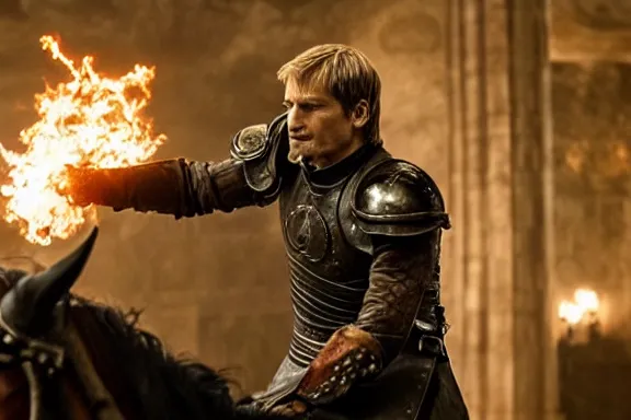 Image similar to very very intricate photorealistic photo of jaime lannister defeating cersei, photo is in focus with detailed atmospheric lighting, award - winning details