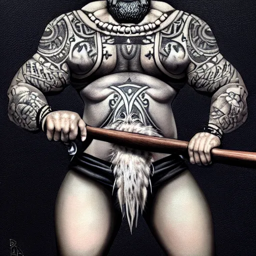 Image similar to “ painting by brom of large gray skinned humanoid with black geometric tattoos, smirking, holding a battle axe, bare chest, fur loin cloth, fur boots, potions and pouches strapped to belt, worn leather backpack, scars and scratches on skin ” artstation, highly detailed, “ dungeons & dragons ” dnd d & d,