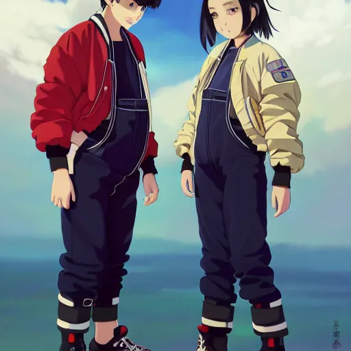 Image similar to a beautiful boyish natalie portman gravure model, wearing oversized mayan bomber jacket and leotard with overalls, bulky poofy bomber jacket with mesoamerican patterns, mesoamerican street fashion, gapmoe yandere grimdark, trending on pixiv fanbox, painted by greg rutkowski makoto shinkai takashi takeuchi studio ghibli, akihiko yoshida