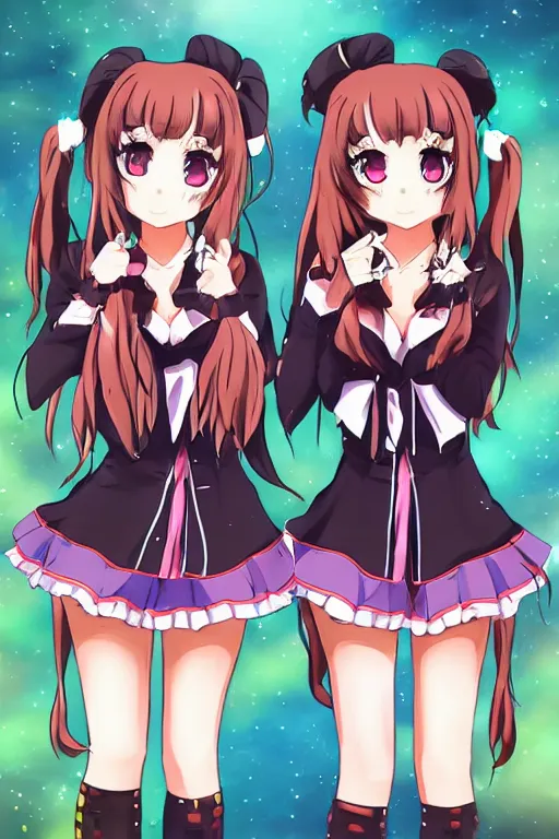 Image similar to two beautiful female idols with twintails standing chest to chest on stage, detailed anime art