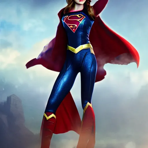 Image similar to a potrait of Lily Collins as Supergirl with man of steel suit style by Greg Rutkowski, Sung Choi, Mitchell Mohrhauser, Maciej Kuciara, Johnson Ting, Maxim Verehin, Peter Konig, 8k photorealistic, cinematic lighting, HD, high details, dramatic, trending on artstation, full body shot