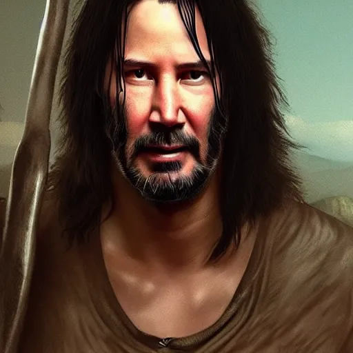 Image similar to keanu reeves as a cave man , digital art , hyperdetailed , trending on artstation , matte painting , CGSociety , pinterest