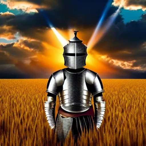 Image similar to a knight in armor standing in a wheat field at sunset with god rays of sun shining through clouds