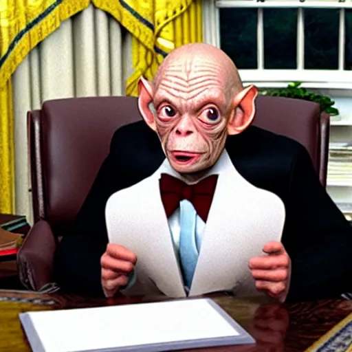 Image similar to president gollum giving a speech in the oval office