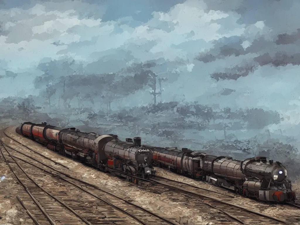 Image similar to train line with water wagons along gigantic pipelines in desert, stylised, artstation