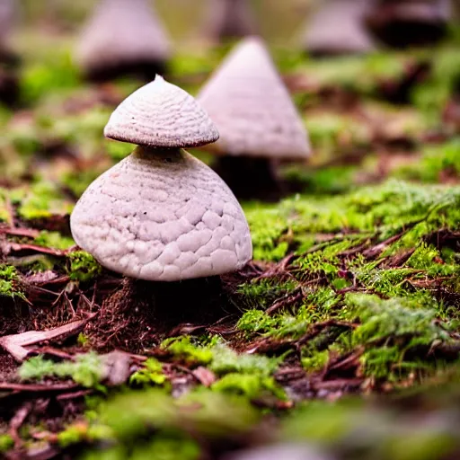 Prompt: a sharp photograph of a clump of rocky road ice cream cones growing in the deep lush forest like mushrooms. Shallow depth-of-field, dramatic light