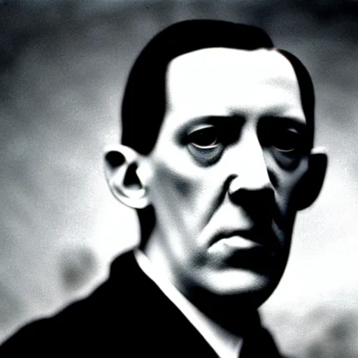 Prompt: h p lovecraft holding up an eye during an photoshoot for his early 2 0 0 0's techno album, artstation, detailed