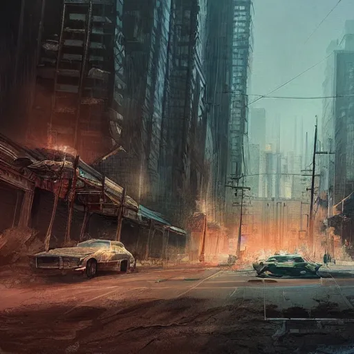 Image similar to epic digital matte paining of post-apocalyptic Los Angeles by Jama Jurabaev and Denis Villeneuve, extremely detailed, artstation