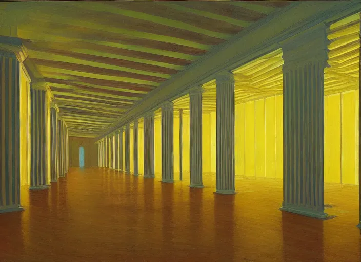 Prompt: painting of a dan flavin installation by thomas cole