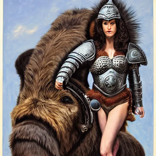 Prompt: beautiful brunette woman, wearing battle armor, riding woolly mammoth through new york city, photorealism, by richard estes and chuck close and ralph goings and charled bell.