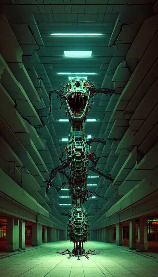 Image similar to biomechanical cybernetic monster creature in the dark abandoned mall, absolutely symmetrical 3 d artwork by simon stalenhag tooth wu ande beeple