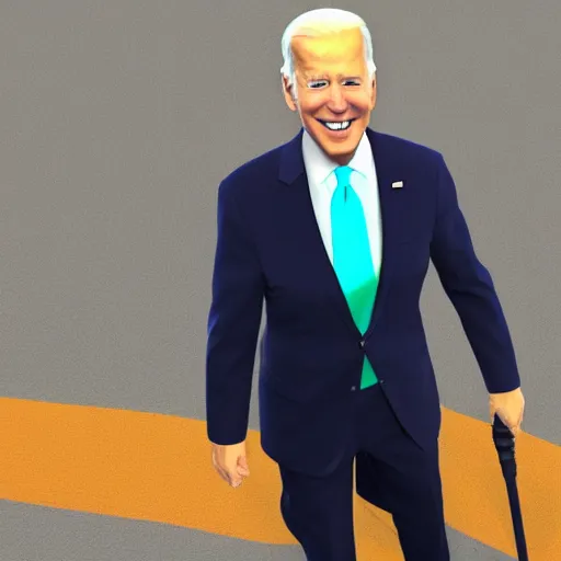 Image similar to joe biden wearing bright clashing extravagant clothes, big teeth smile, walking cane, midpart hair, blender render