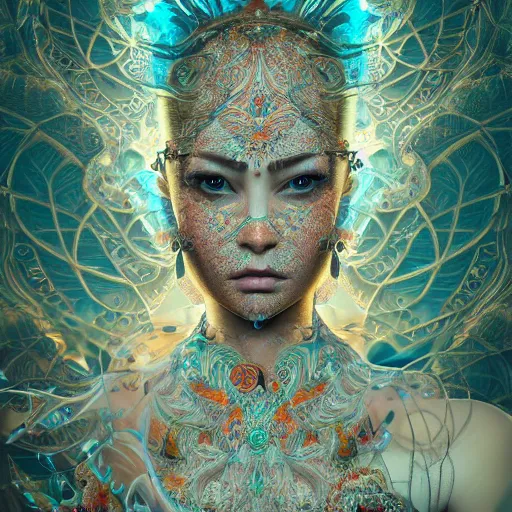 Image similar to wonderful princess of fractals and patterns, beautiful face, hyper detailed, background intricate and detailed, ornate 8 k gorgeous intricate detailed, octane render