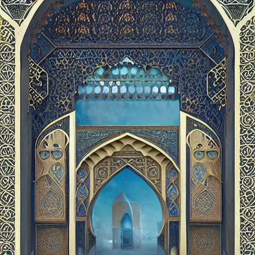 Image similar to art nouveau gate leading into Moroccan Samarkand mosque with Nabatean geometric decorations, science fiction concept art by greg rutkowski and wayne barlowe and alphonse mucha