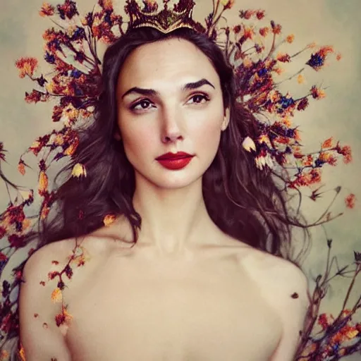 Image similar to fine art photo of the beauty gal gadot, she has a crown of dried flowers done by oleg oprisco